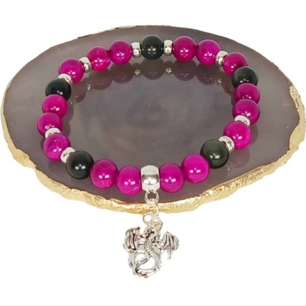 Purple Sugilite & Black Obsidian Bracelet with Silver Dragon Charm Whimsigoth
